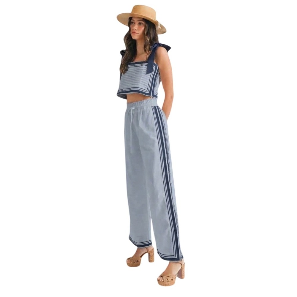 Mable Sail Chevron Linen Crop Top And Pants Set Periwinkle Blue Size Medium